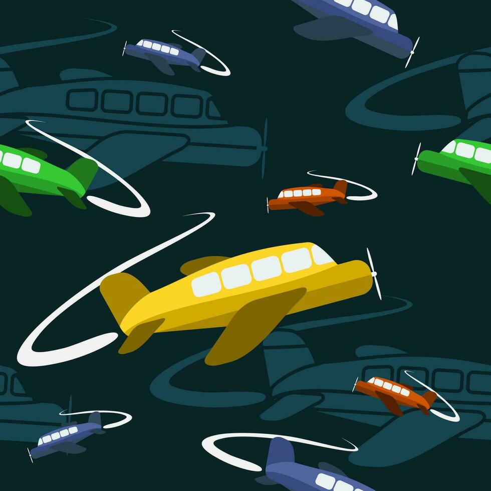 Editable Flat Cartoon Style Airplanes Vector Illustration Seamless Pattern With Dark Background of Decorative Element of Transportation Related Design