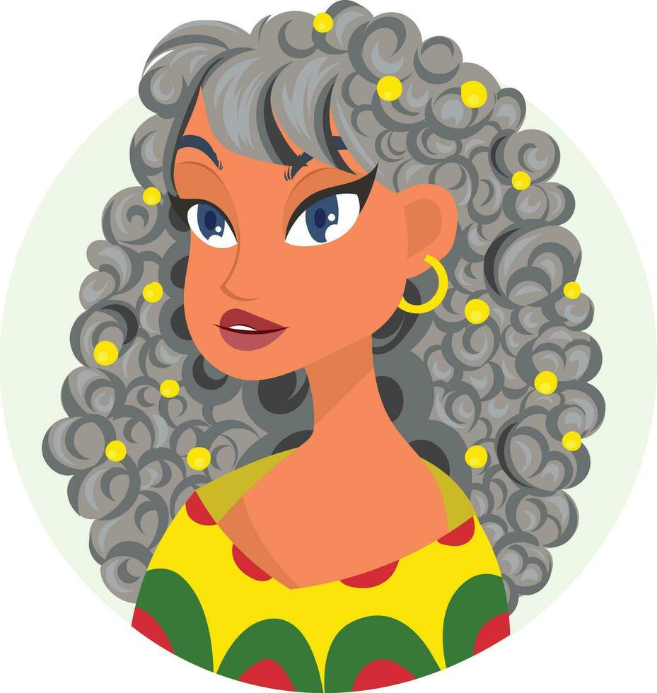 Cartoon vector illustration young female characters faces wit grey hair, pretty portraits for social networks or user profiles in internet with curly hair
