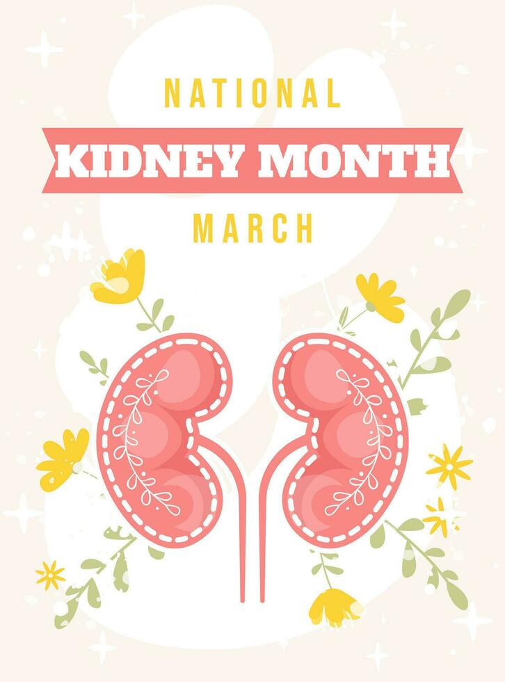 National Kidney month vector illustration in flat cartoon style. Healthy human kidney on floral background. Perfect for banner, poster, card, flyer and so on