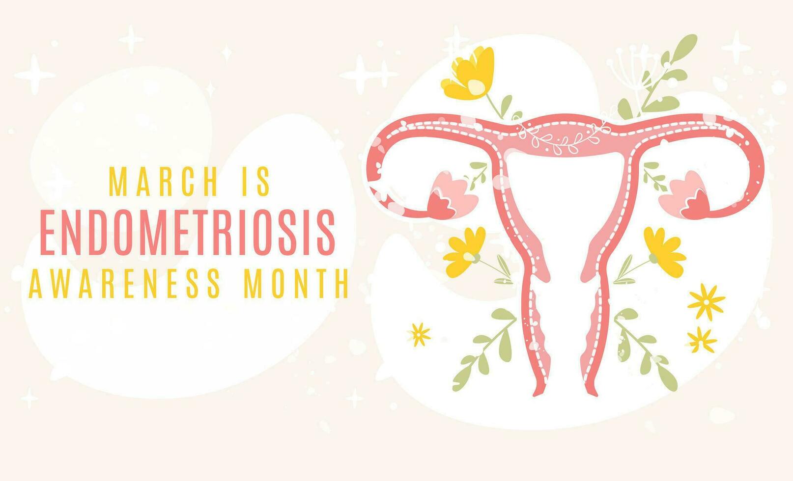 March is Endometriosis awareness month banner. Beautiful uterus on floral background. Vector illustration in flat cartoon style