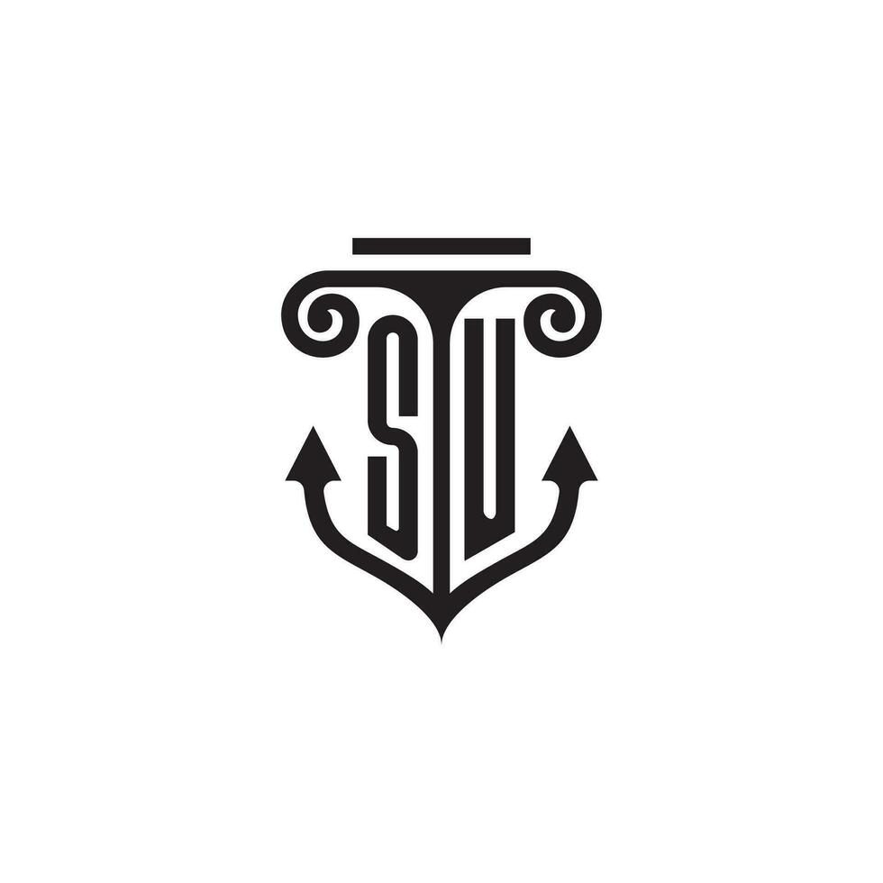 SU pillar and anchor ocean initial logo concept vector
