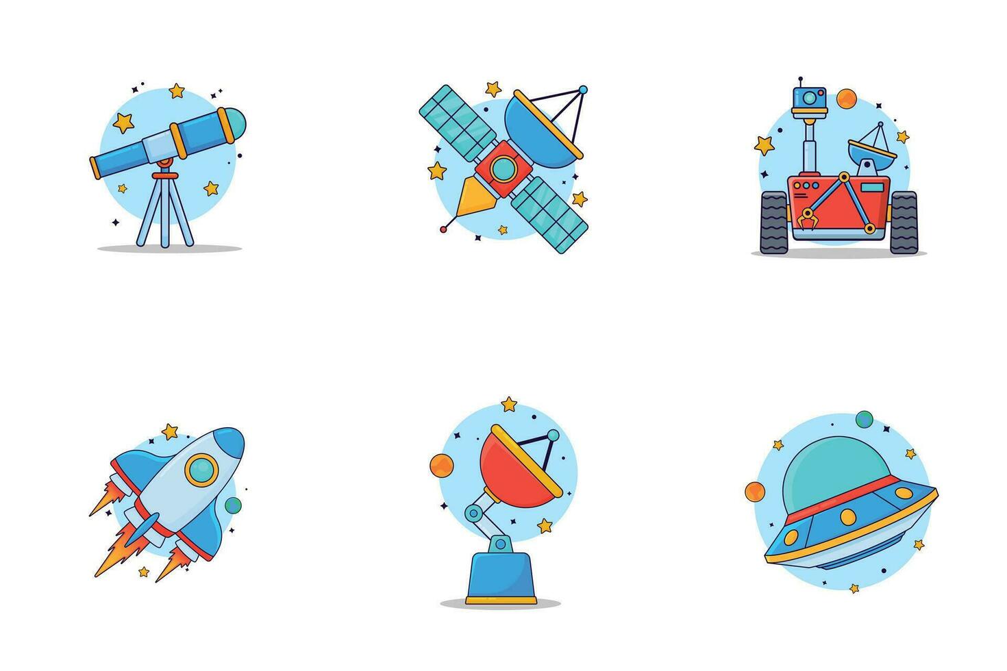 Set of Space object, rocket, satellite, mars robot, telescope, ufo, transmission cute design illustration with star ornament orbit, children friendly, cartoon style design, isolated white background. vector