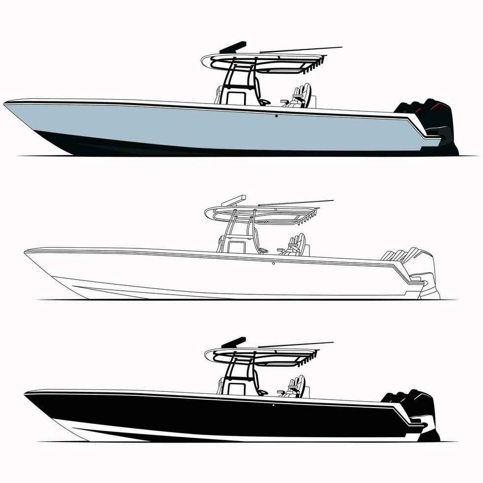 Side view line drawing of sea fishing boat Black and white art treatment. vector