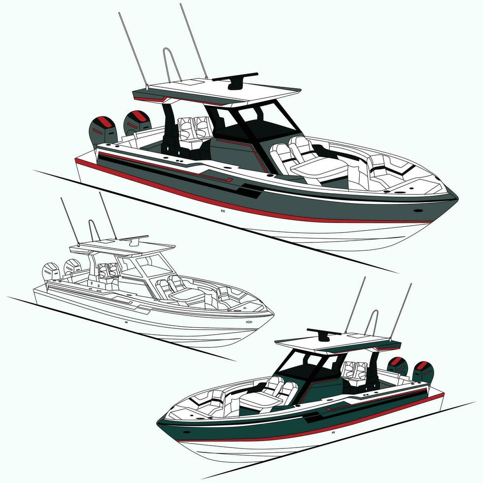 Side view line drawing of sea fishing boat Black and white art treatment. vector