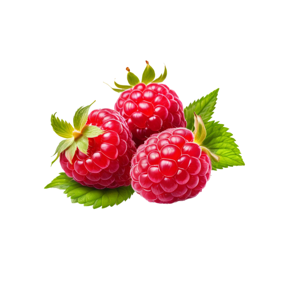 AI Generative raspberry with leaves on transparent background PNG image