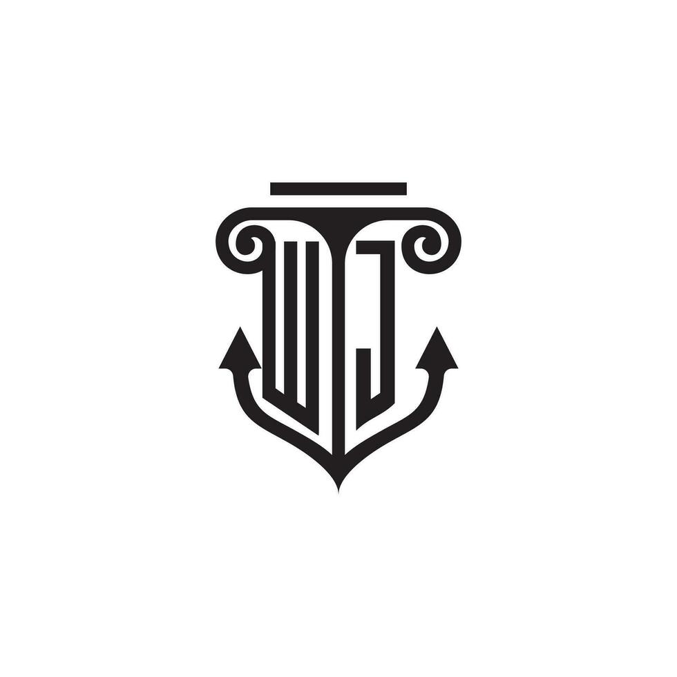 WJ pillar and anchor ocean initial logo concept vector