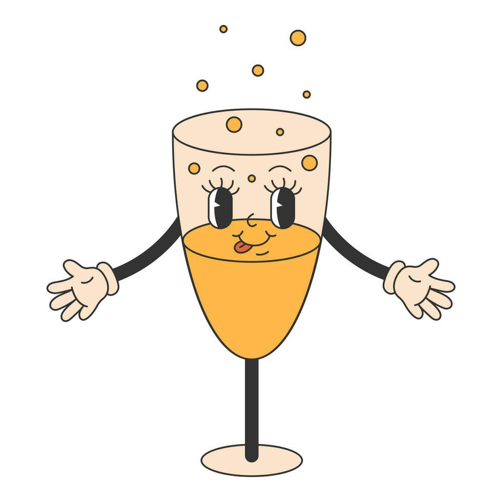 Cute a glass of champagne with bubbles in groovy 70s  style. Trendy retro style for Christmas design. Vector illustration.