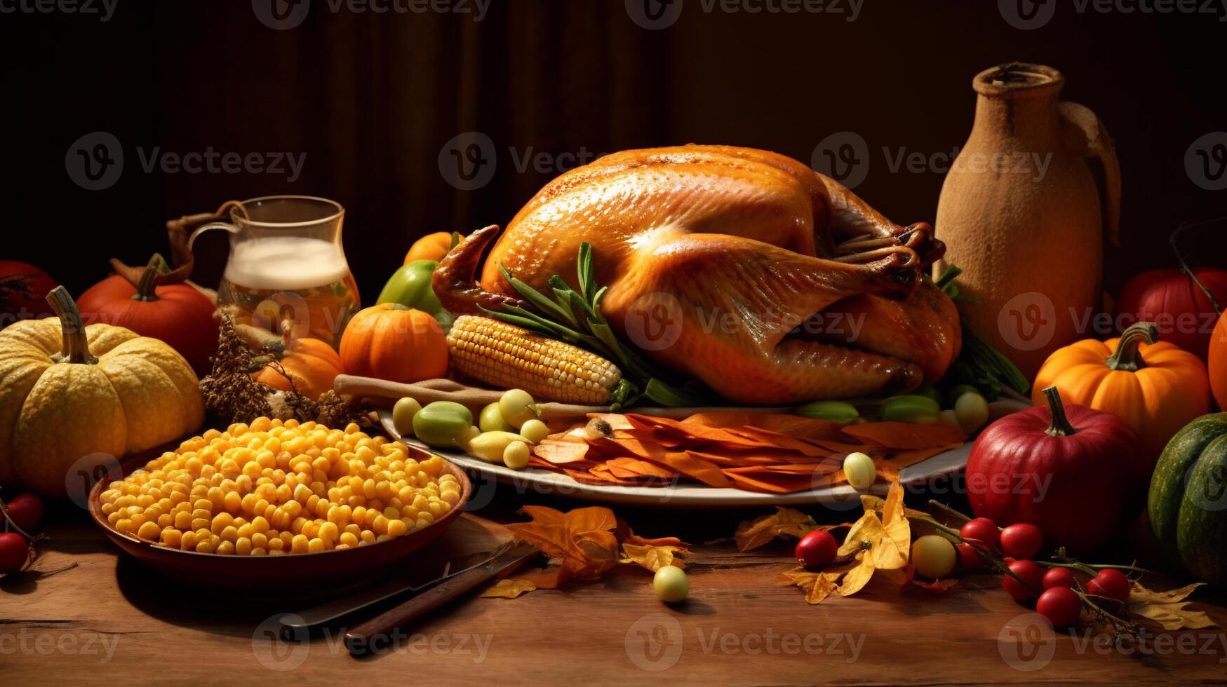 Thanksgiving and the Harvest Feast day, a day of giving thanks for the blessings of the harvest and of the preceding year. A table full of food, vegetable and fruit. AI Generated. photo