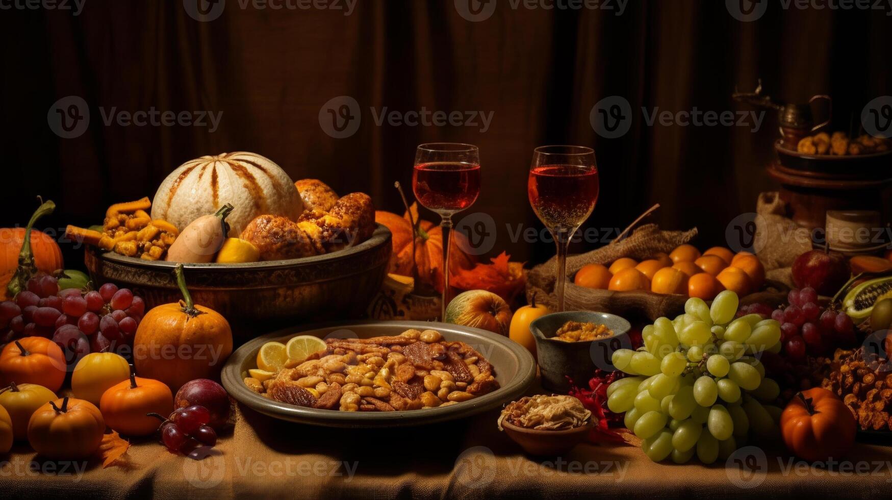 acción de gracias y el cosecha banquete día, un día de dando Gracias para el bendiciones de el cosecha y de el anterior año. un mesa lleno de alimento, vegetal y fruta. ai generado. foto