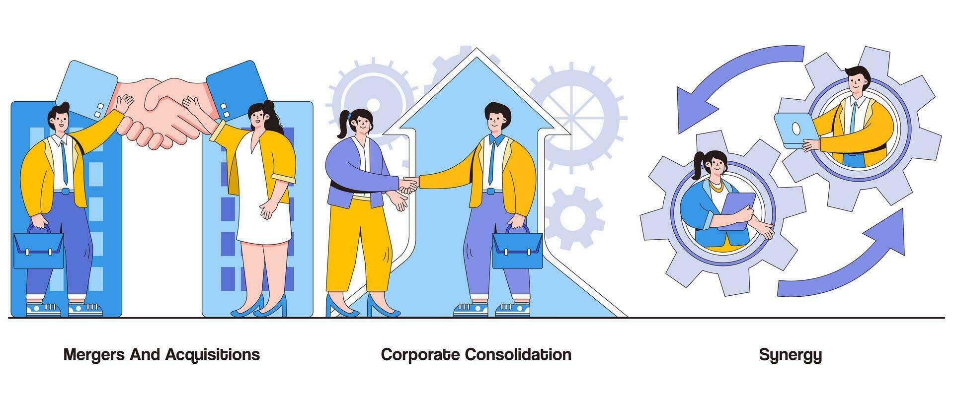 Mergers and acquisitions, corporate consolidation, synergy concept with character. Corporate mergers abstract vector illustration set. Business integration, synergy creation, growth through mergers