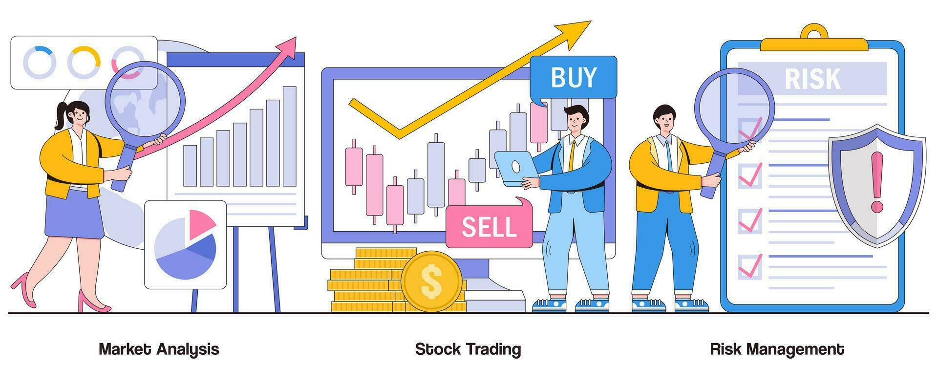 Market analysis, stock trading, risk management concept with character. Investment strategies abstract vector illustration set. Portfolio diversification, risk assessment, financial market metaphor