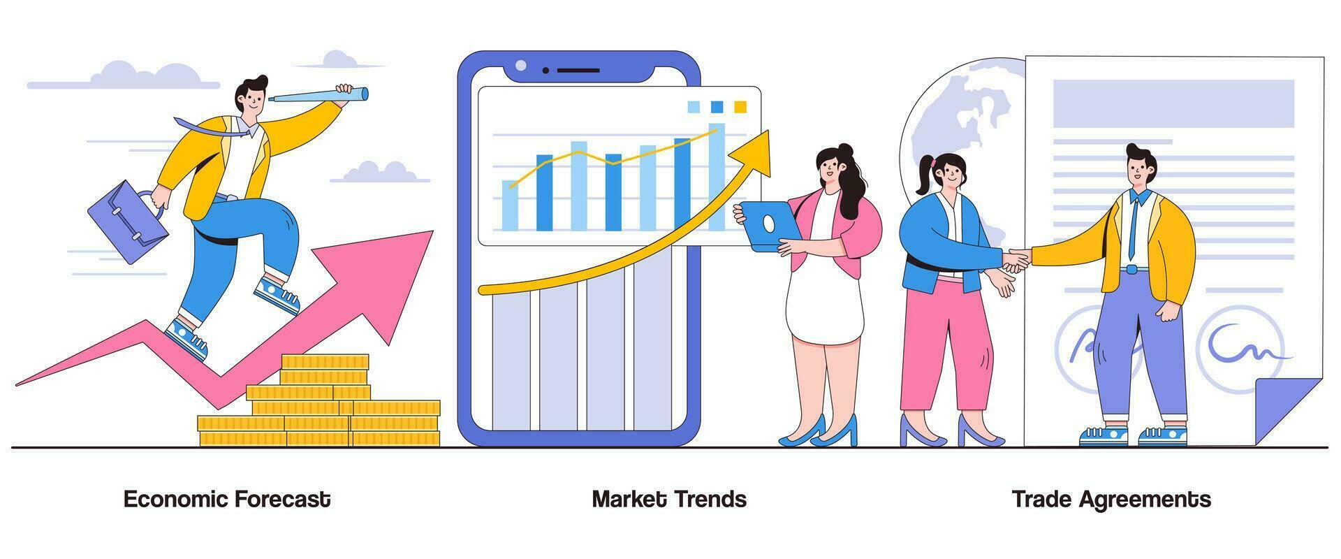 económico pronóstico, mercado tendencias, comercio acuerdos concepto con personaje. global comercio resumen vector ilustración colocar. comercio negociaciones, económico perspectivas, internacional comercio metáfora