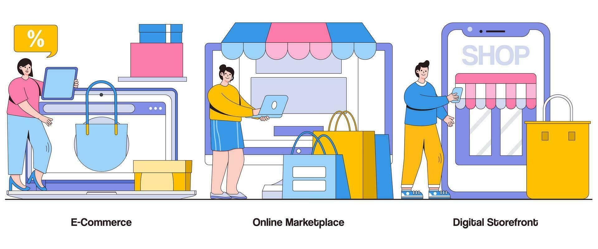 E-commerce, online marketplace, digital storefront concept with character. Online business abstract vector illustration set. Digital commerce, virtual storefront, e-marketplace metaphor