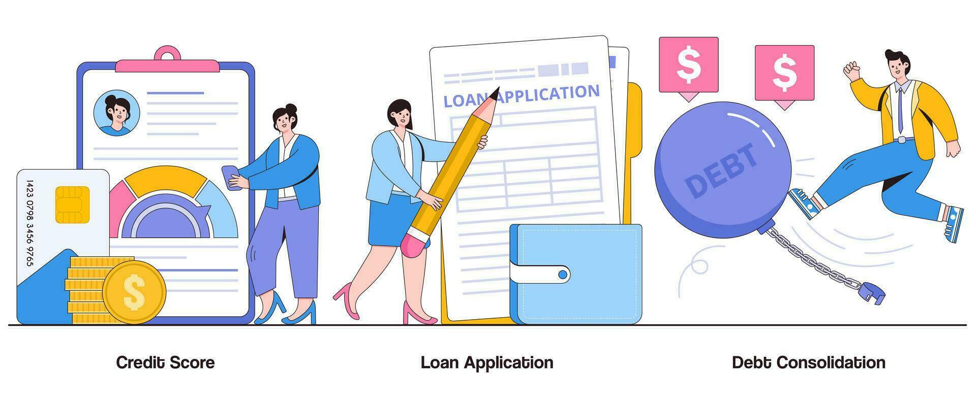 crédito puntaje, préstamo solicitud, deuda consolidación concepto con personaje. financiero estabilidad resumen vector ilustración colocar. solvencia, préstamo responsablemente, deuda administración metáfora