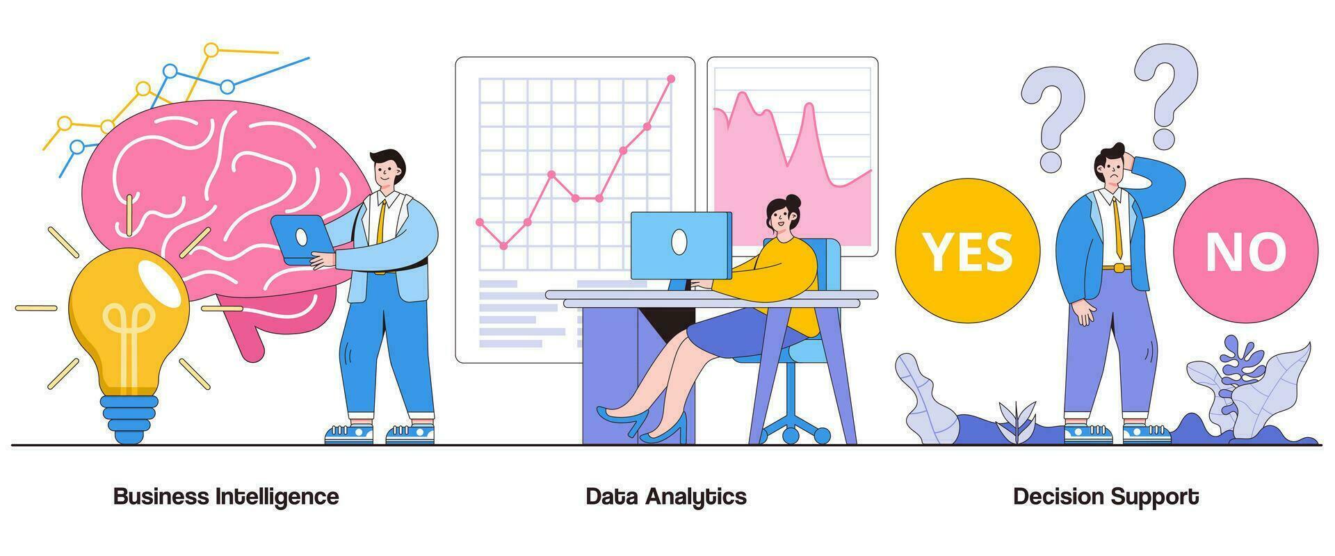 Business intelligence, data analytics, decision support concept with character. Data-driven insights vector illustration set. Data visualization, actionable analytics, strategic intelligence metaphor