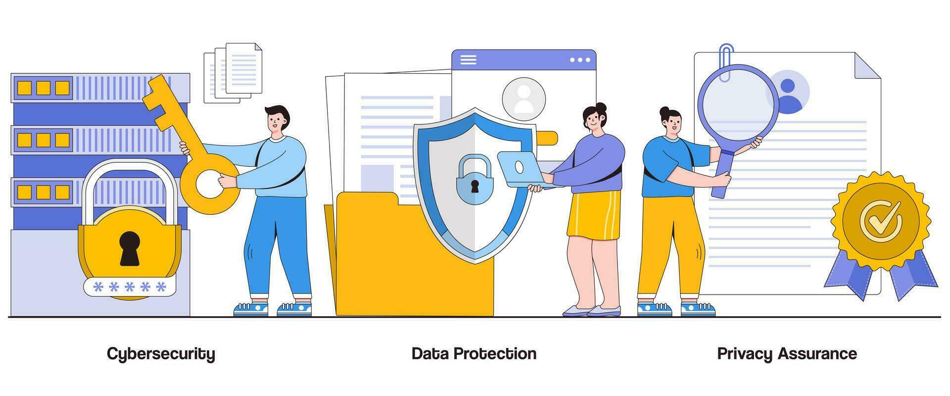 Cybersecurity, data protection, privacy assurance concept with character. Business resilience abstract vector illustration set. Threat detection, secure networks, shielding strategy metaphor