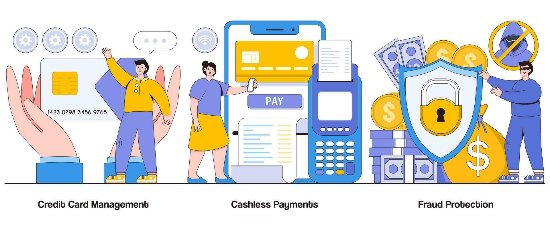 Credit card management, cashless payments, fraud protection concept with character. Payment security abstract vector illustration set. Contactless transactions, secure banking, fraud prevention