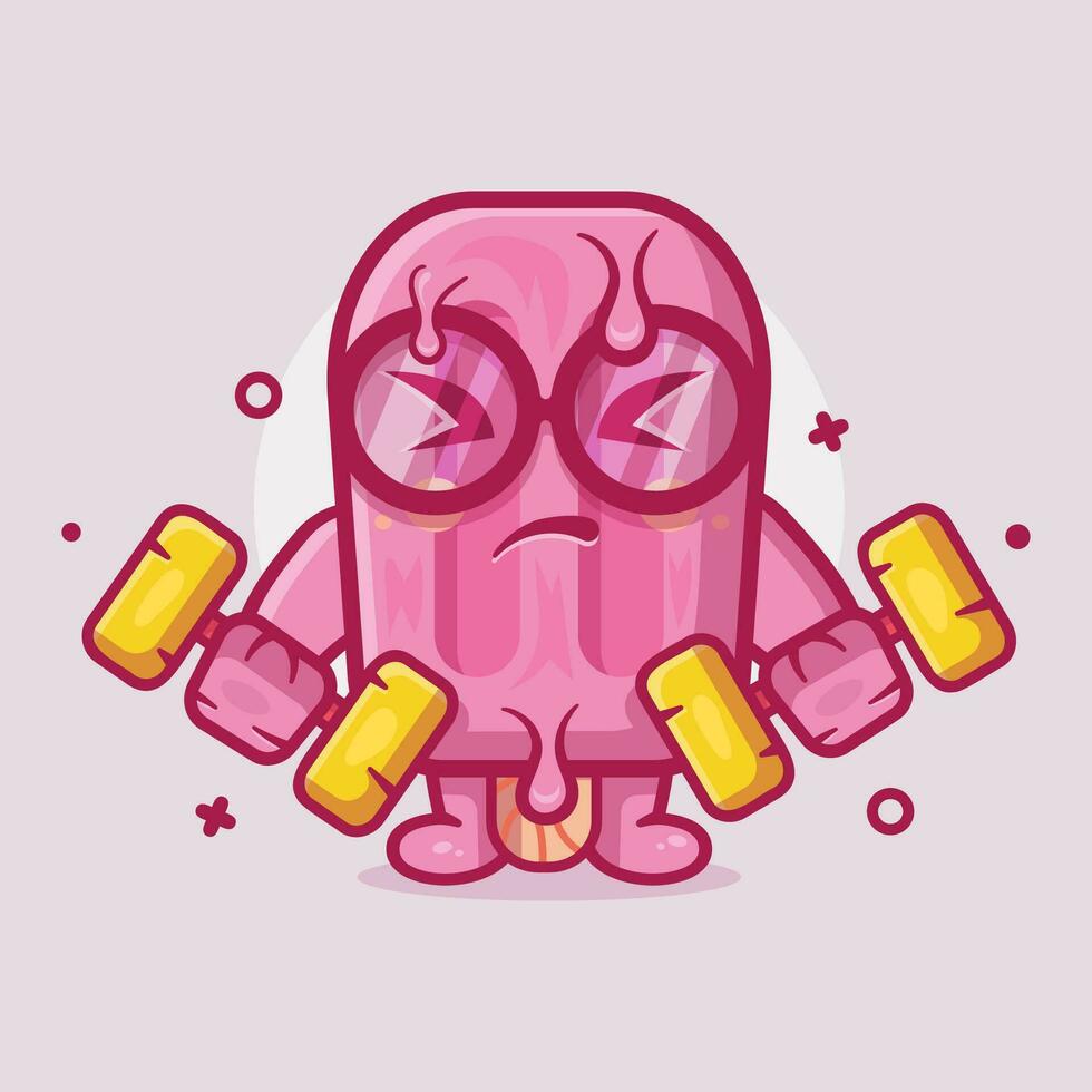 cute pink popsicle ice cream character mascot doing bodybuilding using dumbbell isolated cartoon in flat style design vector
