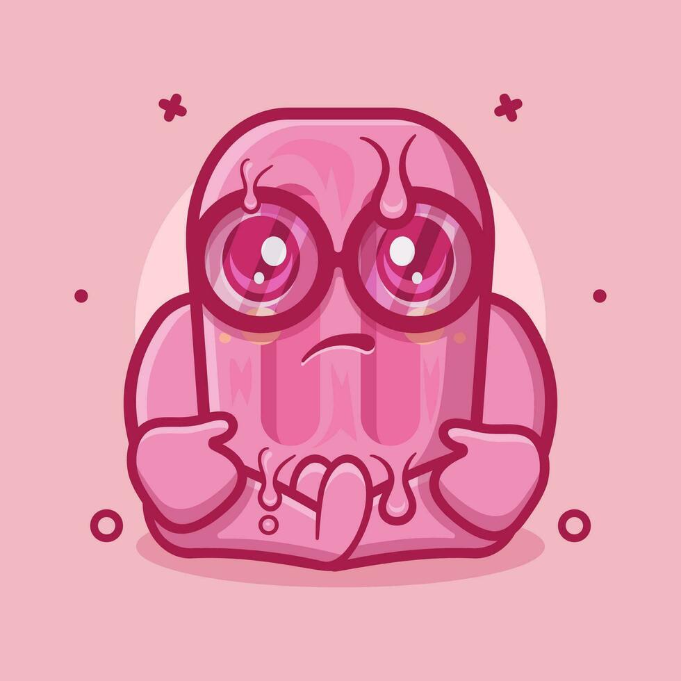 cool pink popsicle ice cream character mascot with sad expression isolated cartoon in flat style design vector