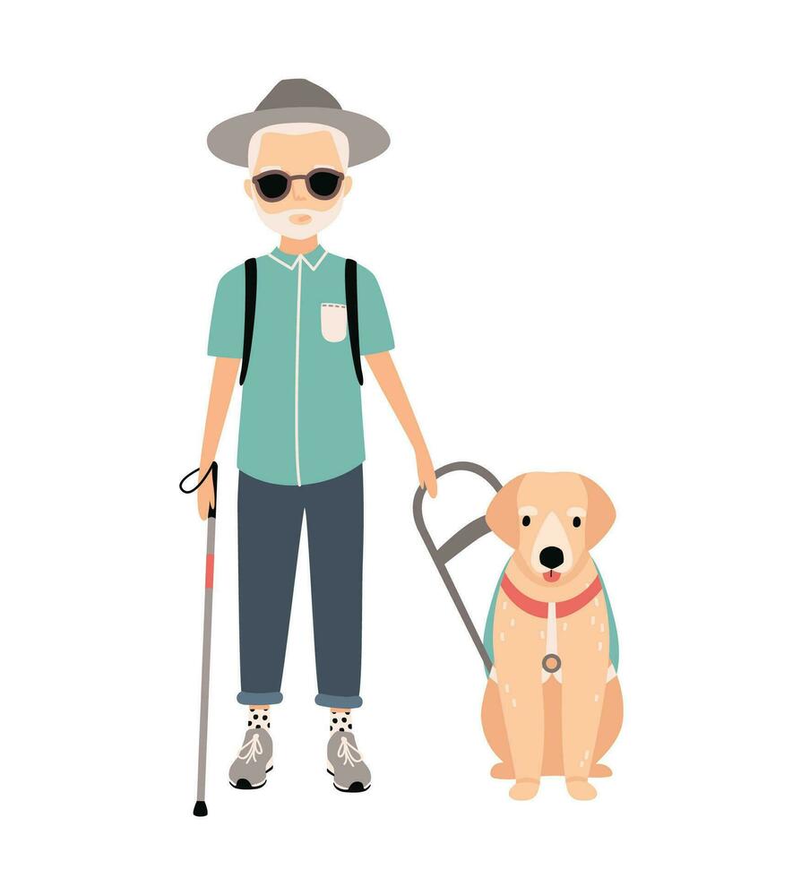 Blind man. Colorful image featuring visually impaired elderly with guide dog on white background. Flat vector cartoon illustration.