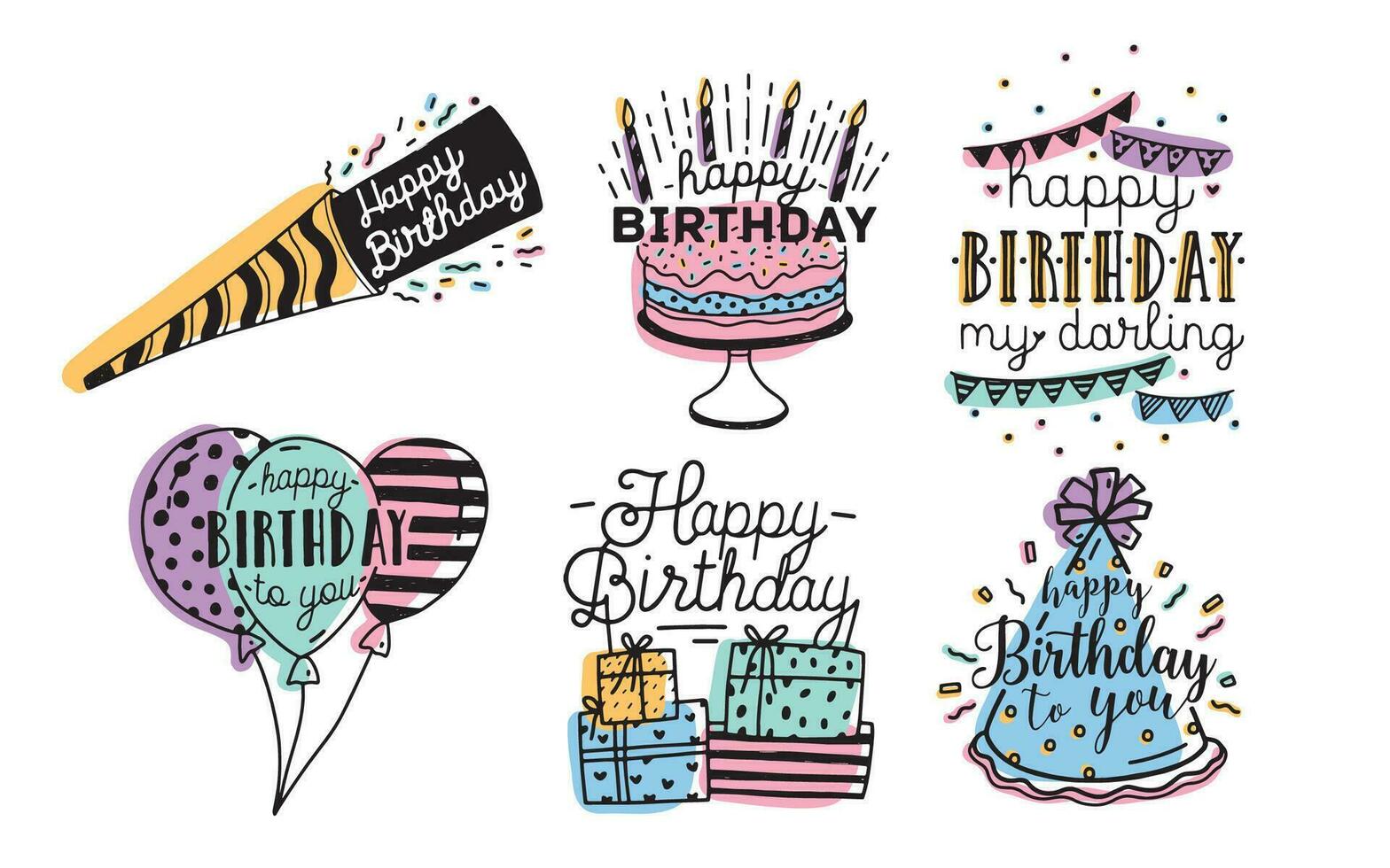 linda contento cumpleaños saludos inscripciones diseño recopilación. vistoso mano dibujado letras vector ilustración conjunto en blanco antecedentes.
