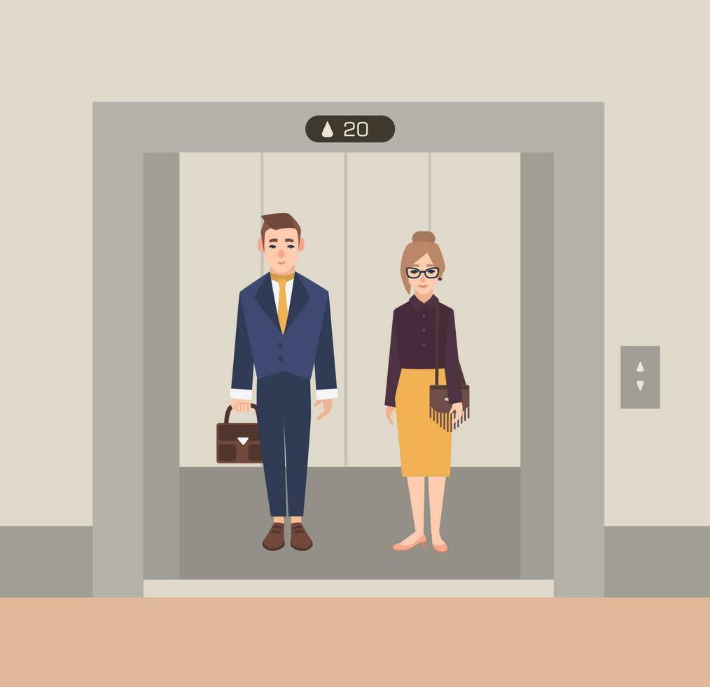 Office workers standing in open elevator. Business people man and woman. Flat cartoon vector illustration.