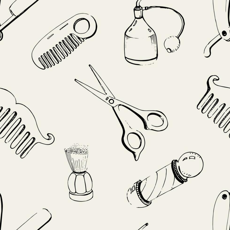 Hand drawn barbershop seamless with accessories- comb, razor, shaving brush, scissors, barber's pole and bottle spray. Black and white vector illustration pattern.