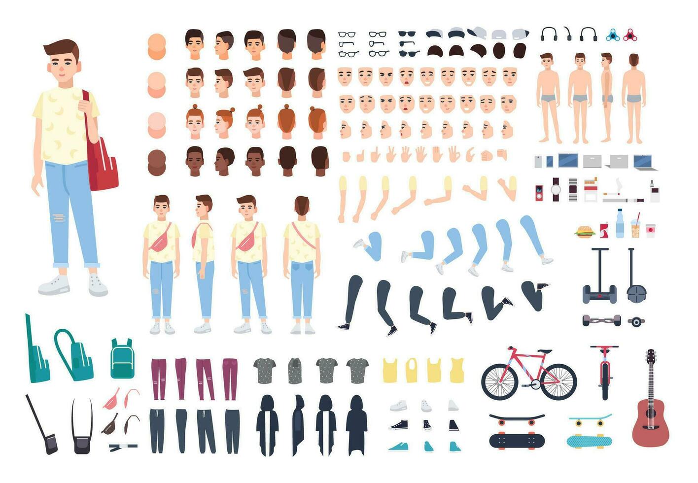 Teenager character constructor. Boy creation set. Different postures, hairstyle, face, legs, hands, clothes, accessories collection. Vector cartoon illustration. Front, side, back view.