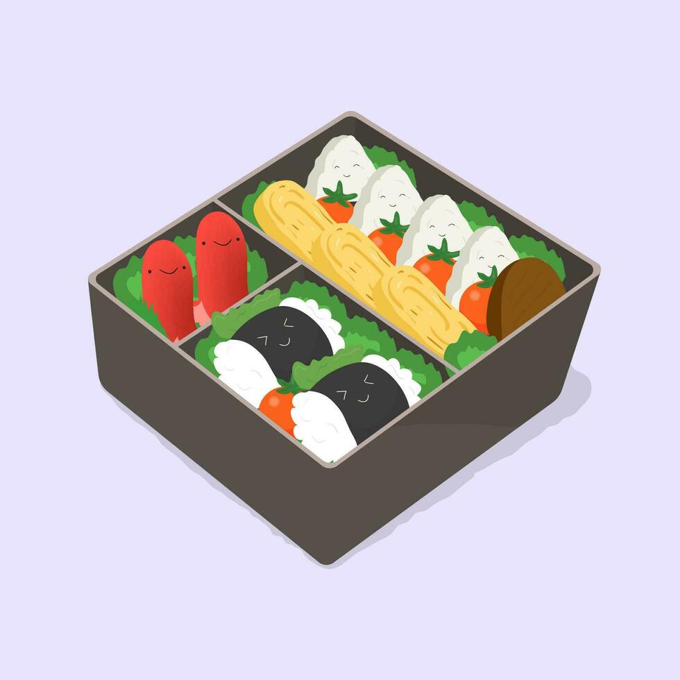 cute bento. Japanese lunch box. Funny cartoon food. Isometric colorful vector illustration.