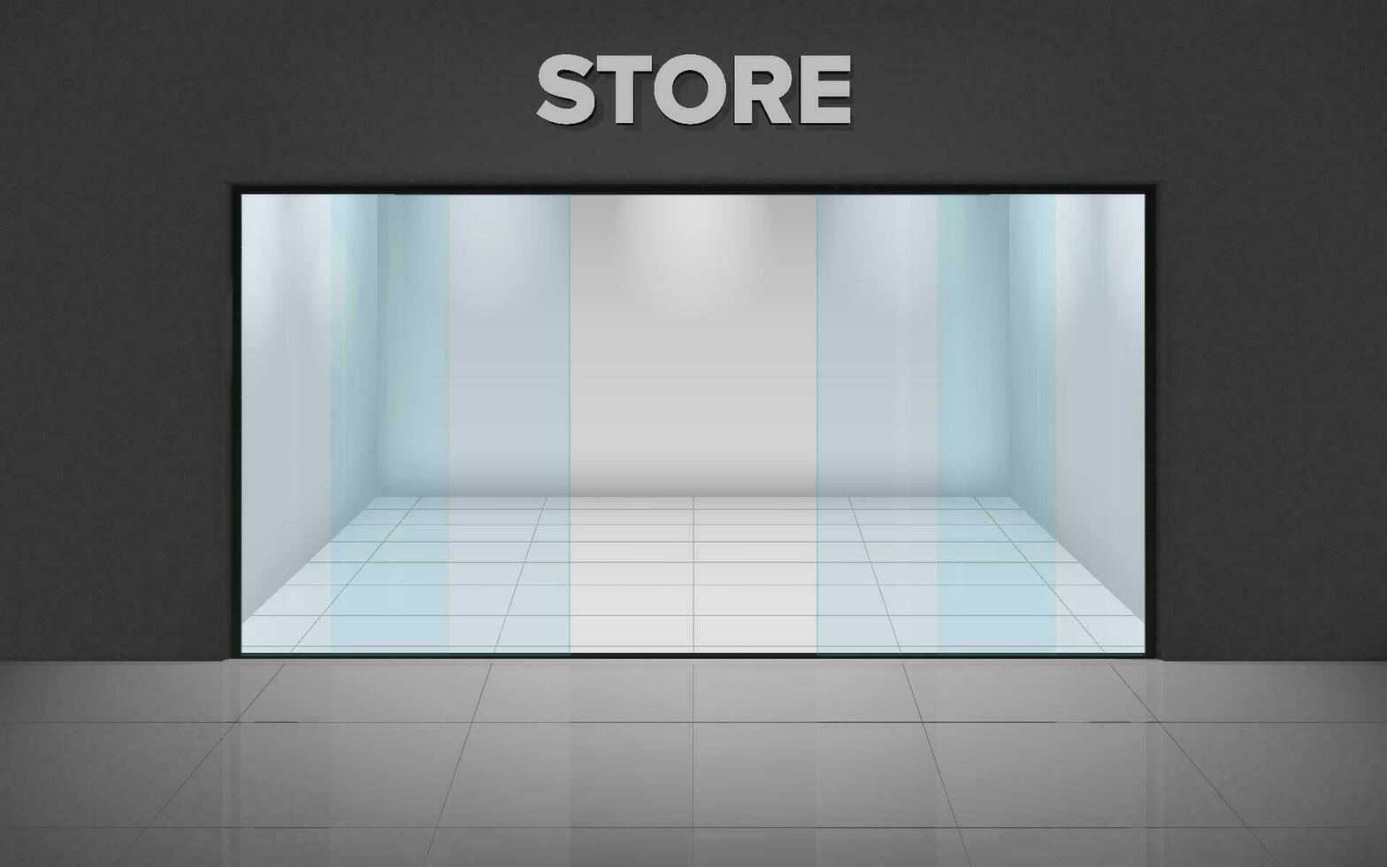 Empty illuminated store. Realistic exterior. Shop with glass showcase. View from the outside. Vector illustration.