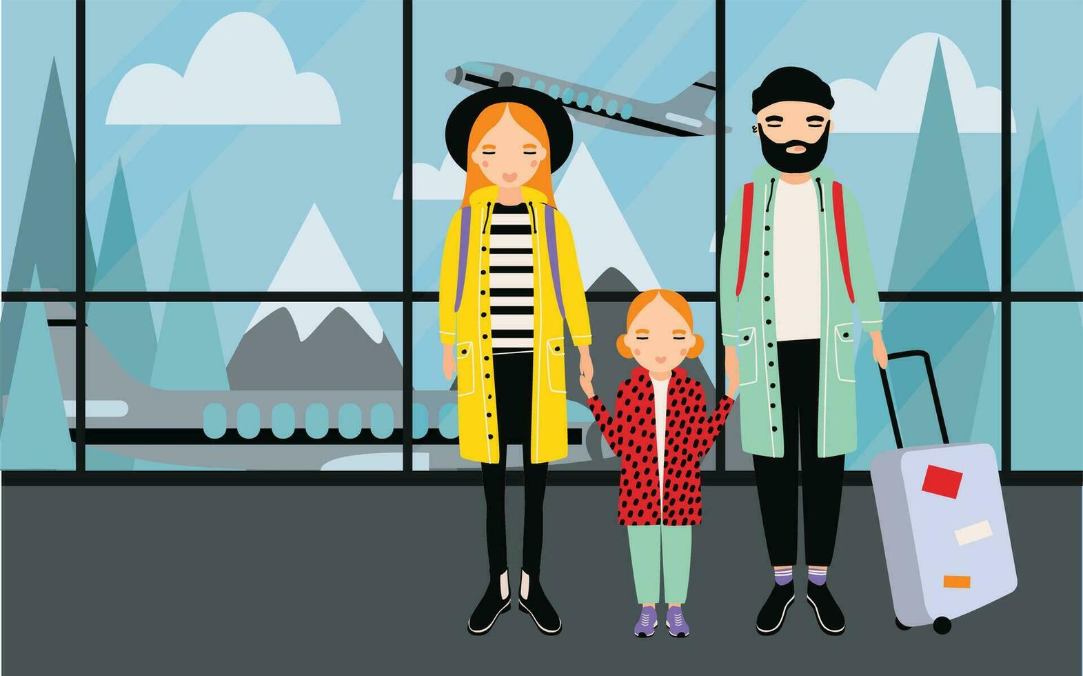 familia a aeropuerto. de moda joven Pareja con bebé y equipaje. horizontal bandera con montañas y avión en antecedentes. vistoso vector ilustración en dibujos animados estilo.