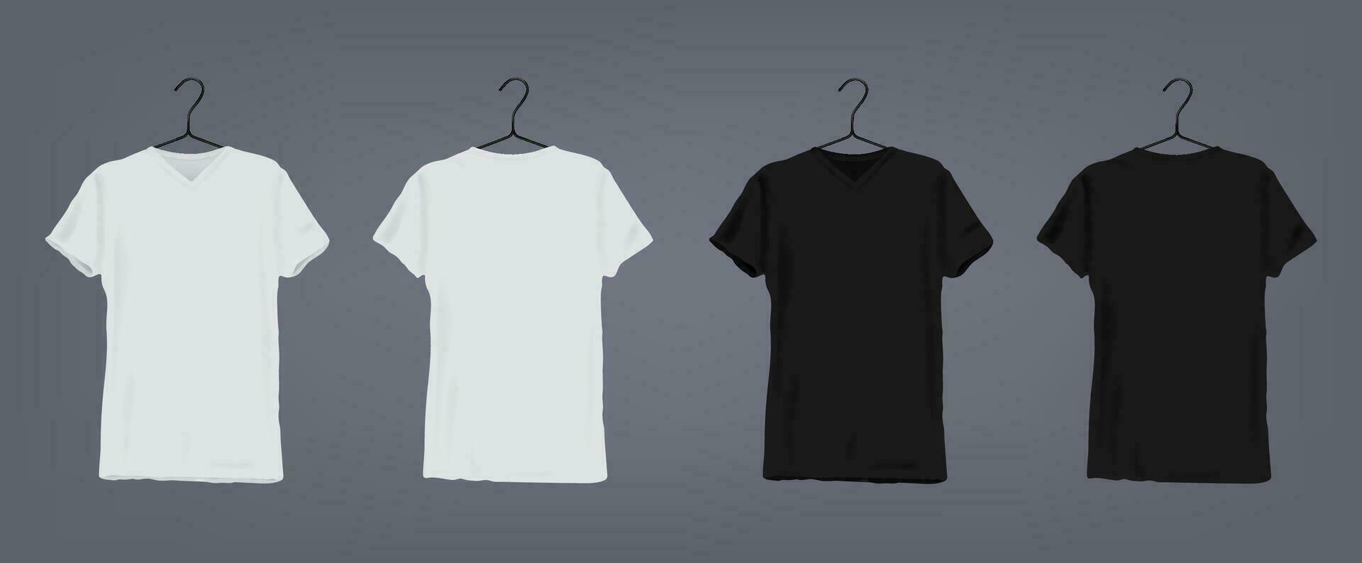 Set of realistic white and black unisex classic t-shirt with round neckline on coat hanger. Front and back view. Vector illustration collection on gray background.