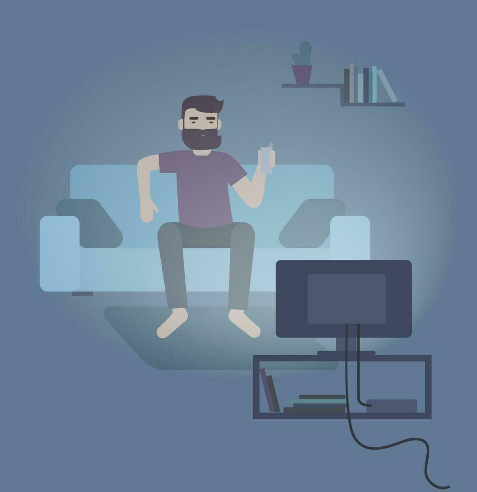 Colorful vector illustration featuring man sitting on a sofa and watching TV at night. Flat vector illustration.