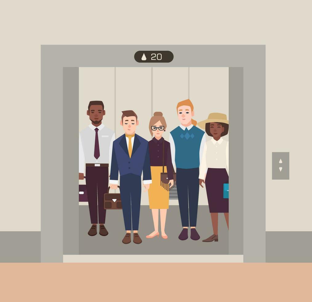 Colorful image illustrating group of people standing in open elevator. Men and women wearing business suit and classical cloth. Flat cartoon vector illustration.