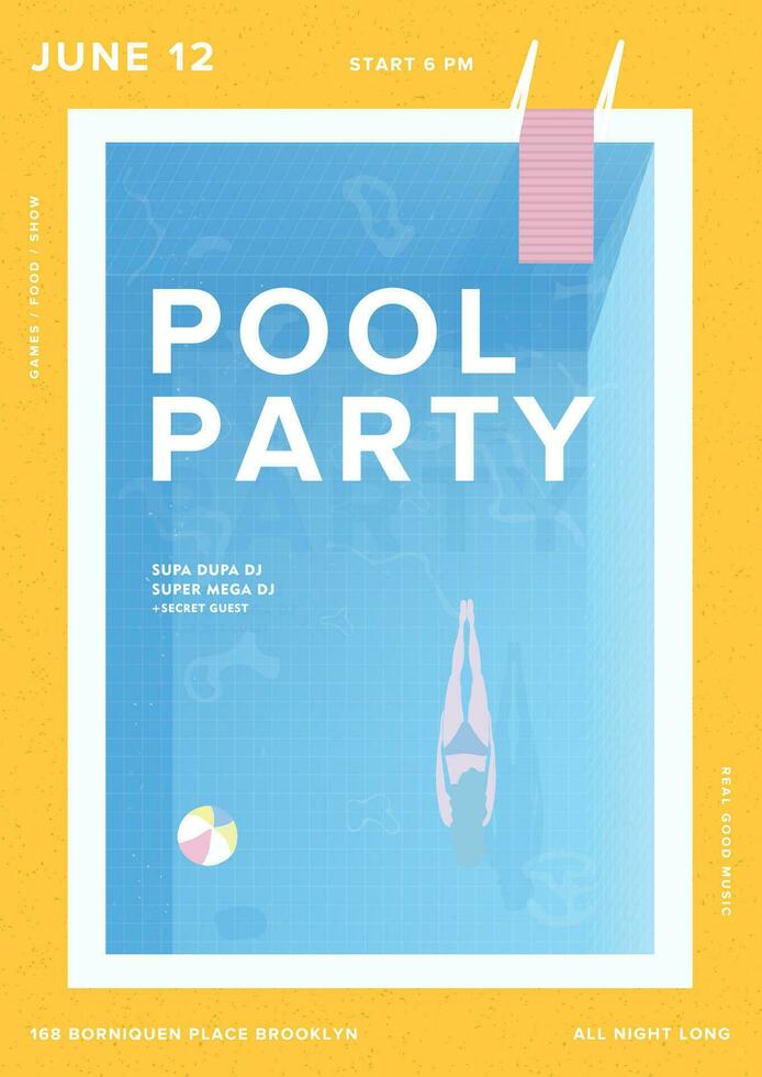 Pool party vertical poster. Open-air summer event placard. Colorful vector illustration.
