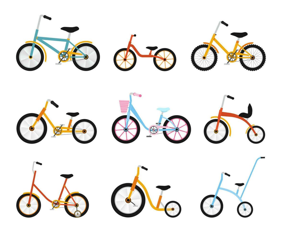 varios niños bicicletas recopilación. vistoso bicicletas con diferente marco tipos vector plano ilustración colocar.