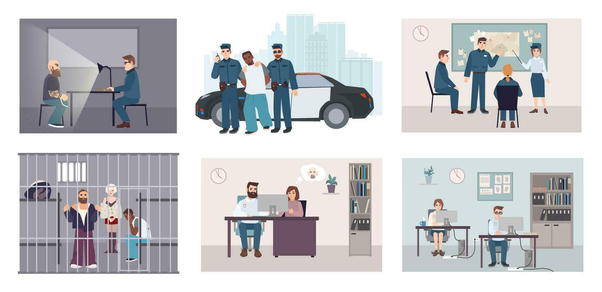 Different situations in police station. Colorful set featuring police work- arrest, interrogation, identikit, meeting, investigation. Flat illustration vector collection.