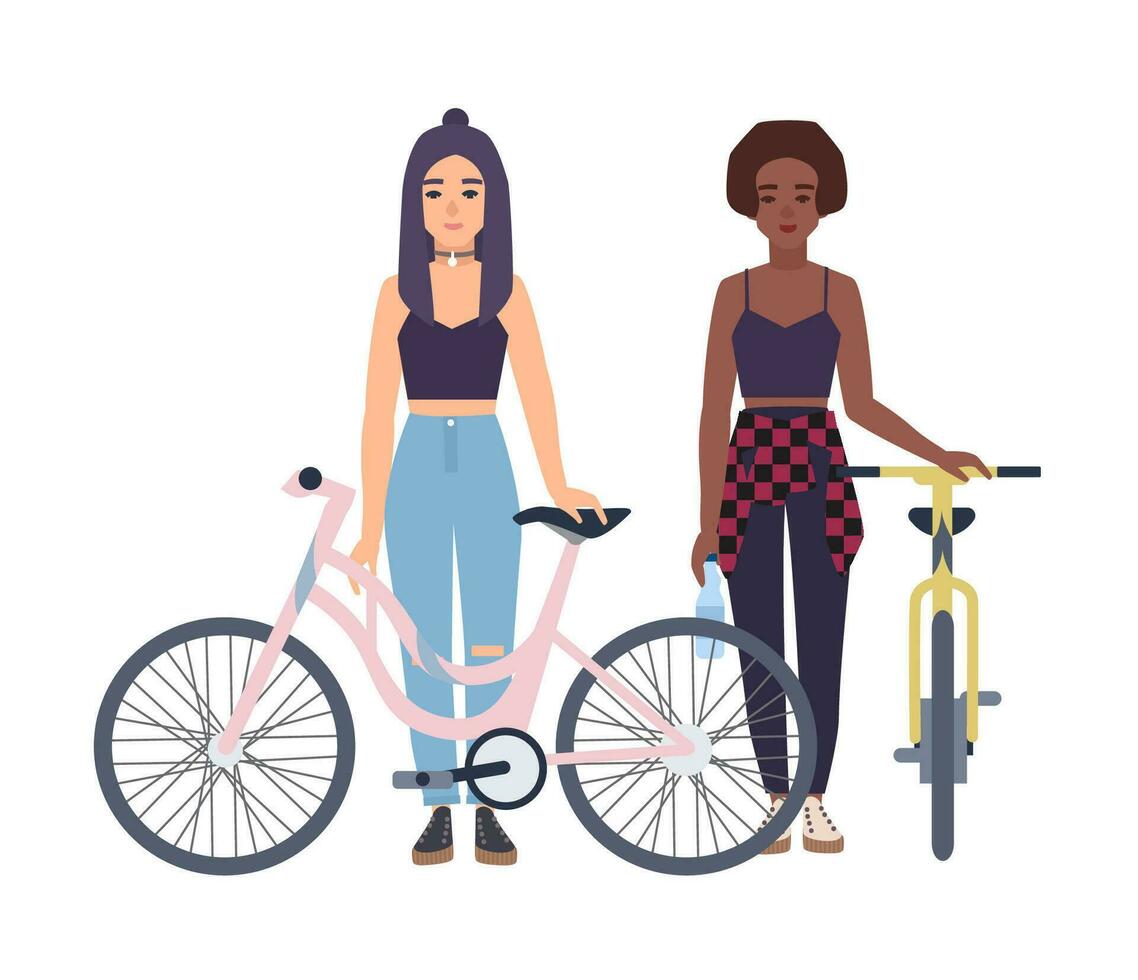 moderno muchachas en pie con bicicletas juntos. dibujos animados plano vistoso vector ilustración.