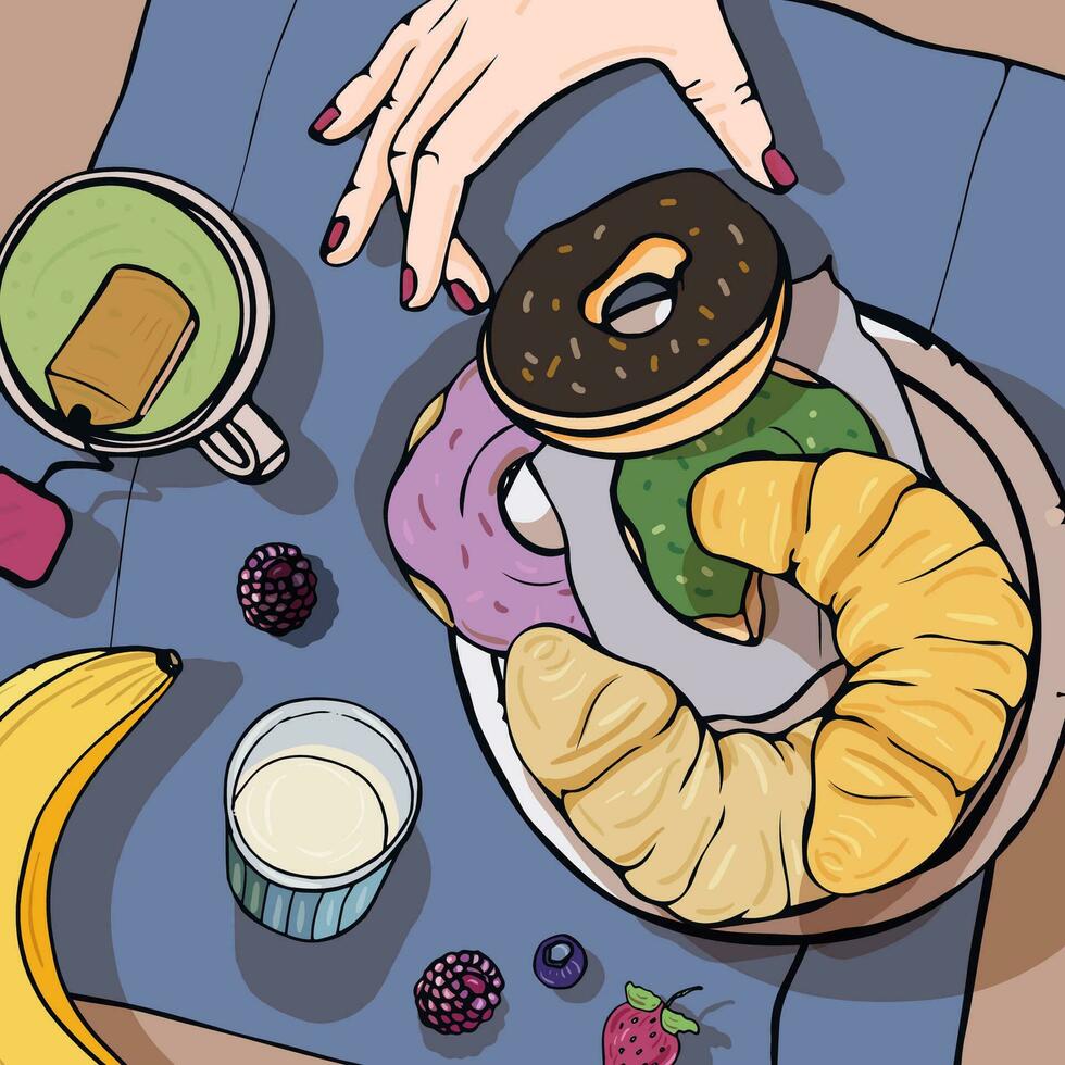 Breakfast top view. Square with luncheon. Healthy, fresh brunch- tea, donuts, banana, croissant and berries. Colorful hand drawn vector illustration.