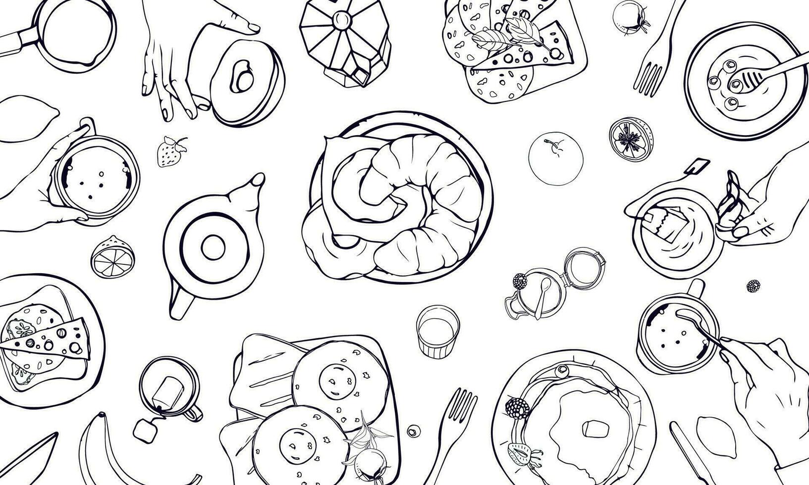 Horizontal illustration on breakfast theme. Black and white vector hand drawn table with drink, pancakes, sandwiches, eggs, croissants and fruits. Top view.