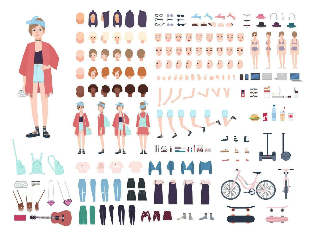 Teenager character constructor. Young trendy girl creation set. Different postures, hairstyle, face, legs, hands, clothes, accessories collection. Vector cartoon illustration. Front, side, back view.