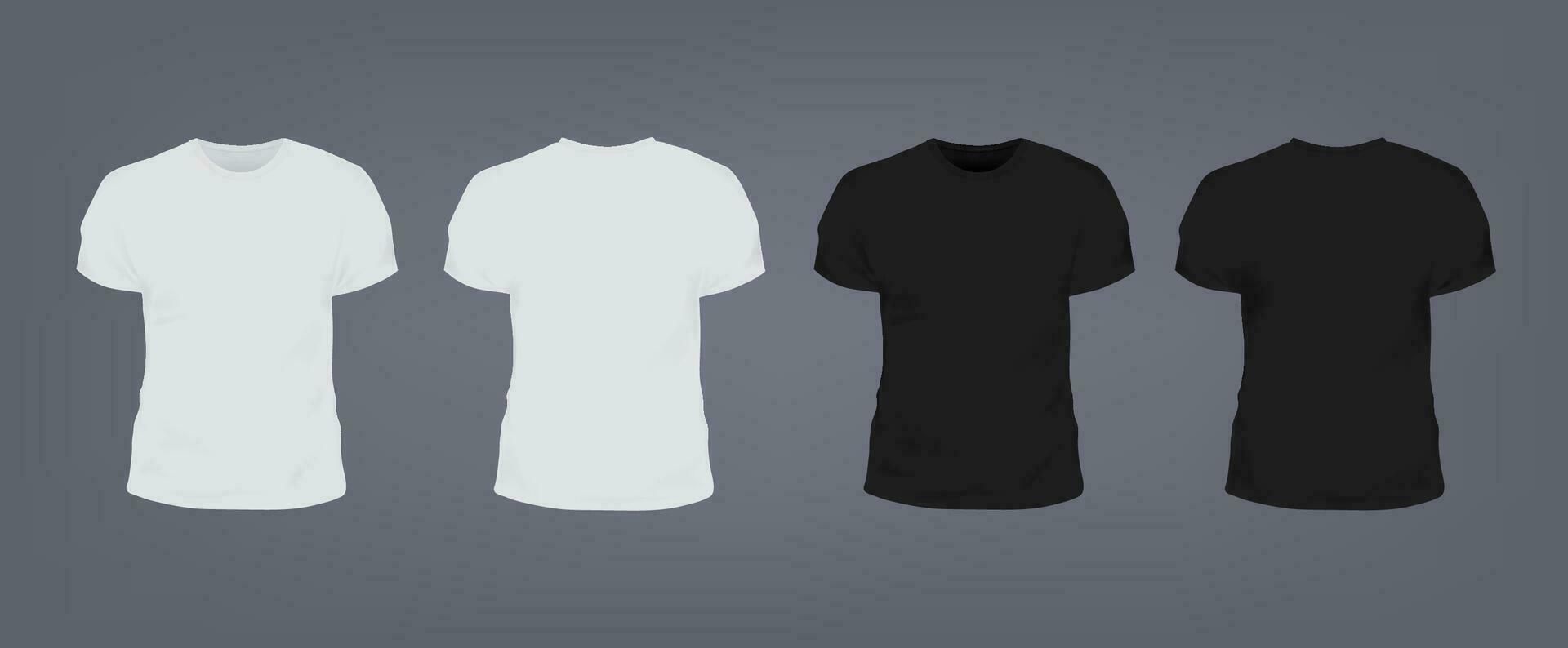 Set of realistic white and black unisex slim-fit t-shirt with round neckline. Front and back view. Vector illustration collection on gray background.