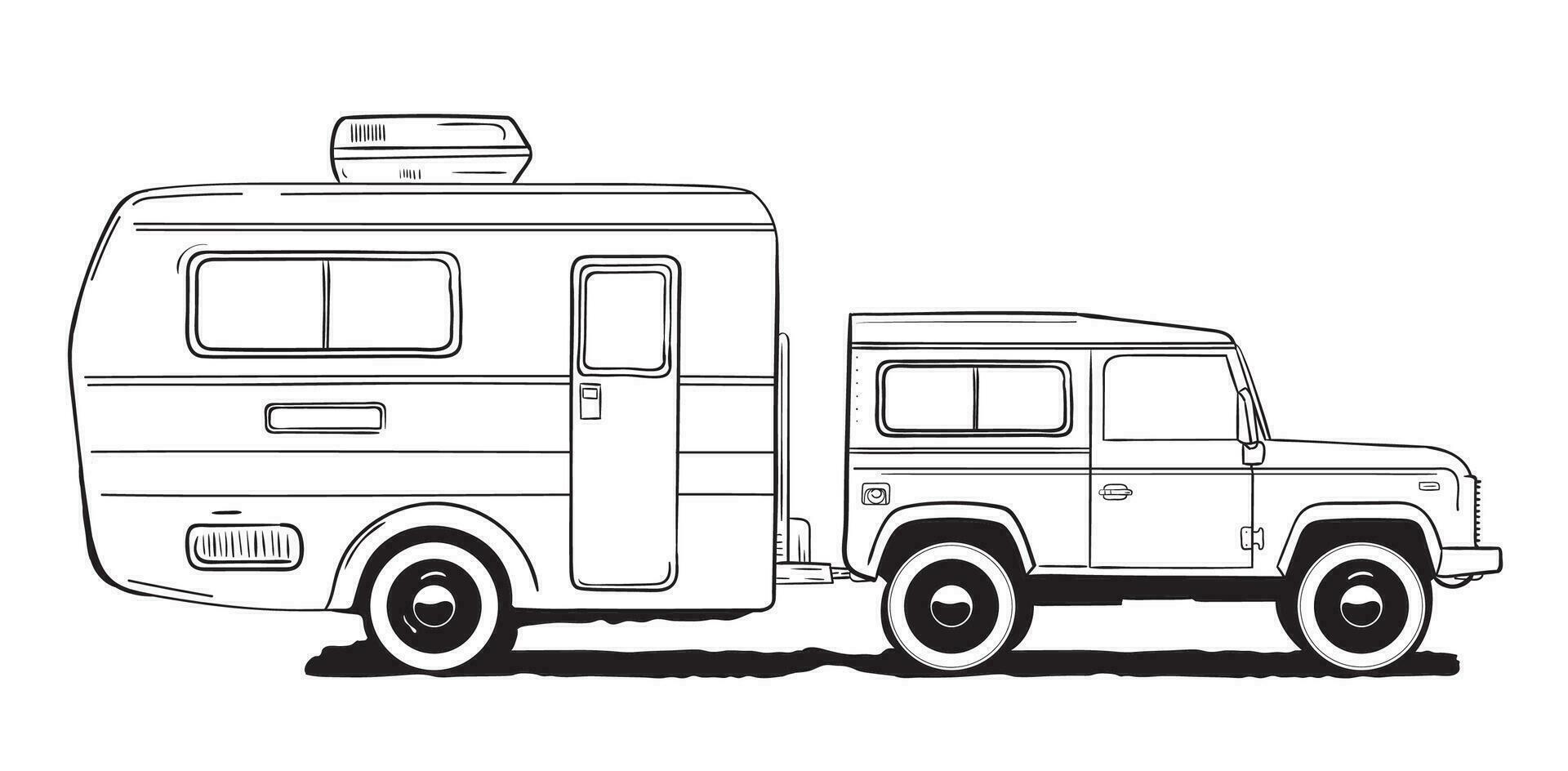 cámping caravana. casa rodante, camper coche con remolque. negro y blanco mano dibujado ilustración. vector