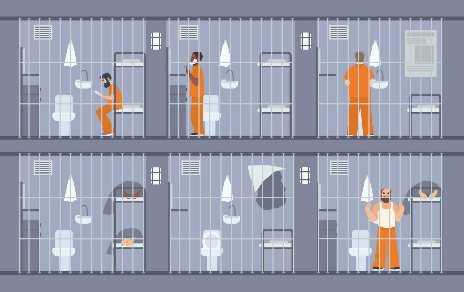 Colorful illustration featuring prisoners behind the bars. People in orange uniform. escape get out through wall in cell. Prison inmates. Flat cartoon vector. vector