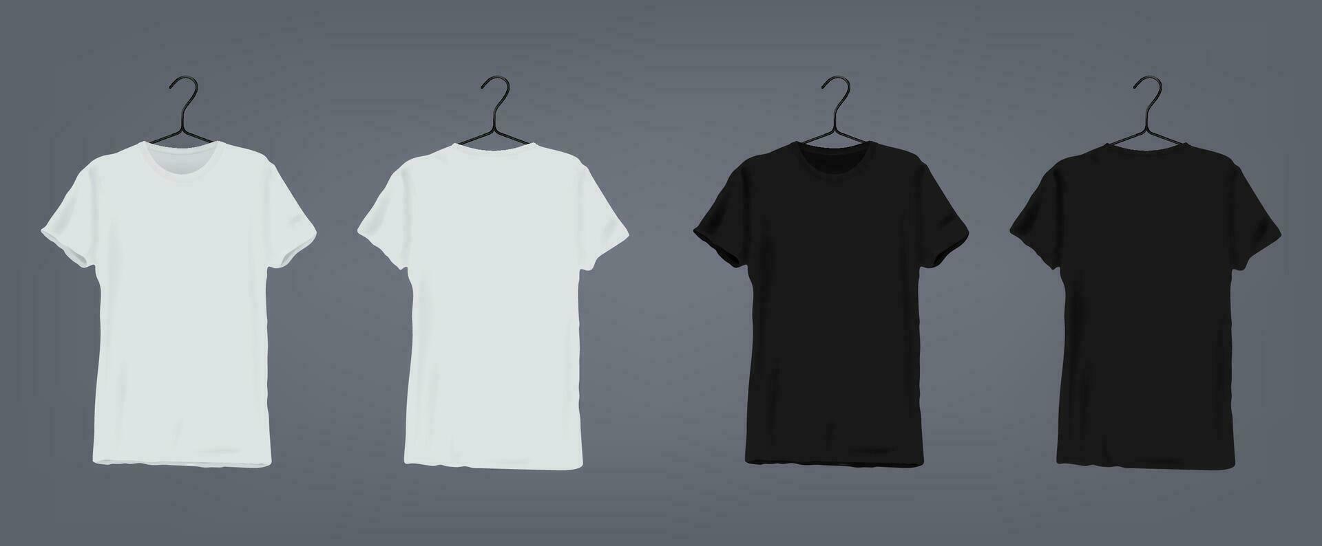 Set of realistic white and black unisex classic t-shirt with v-neck on coat hanger. Front and back view. Vector illustration collection on gray background.