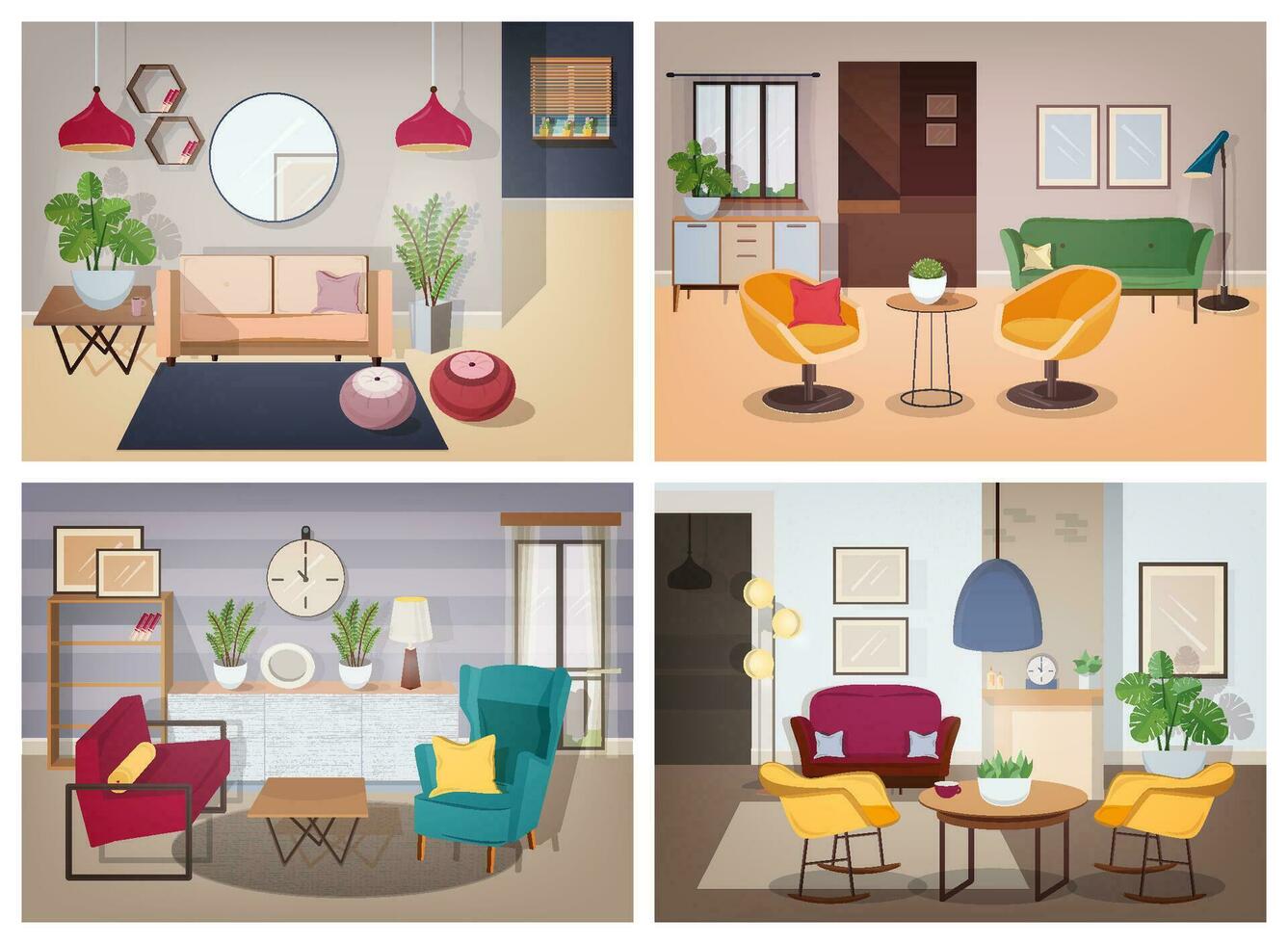 Modern living-room collection. Furnished apartment with furniture and houseplants. Colorful vector illustration set.