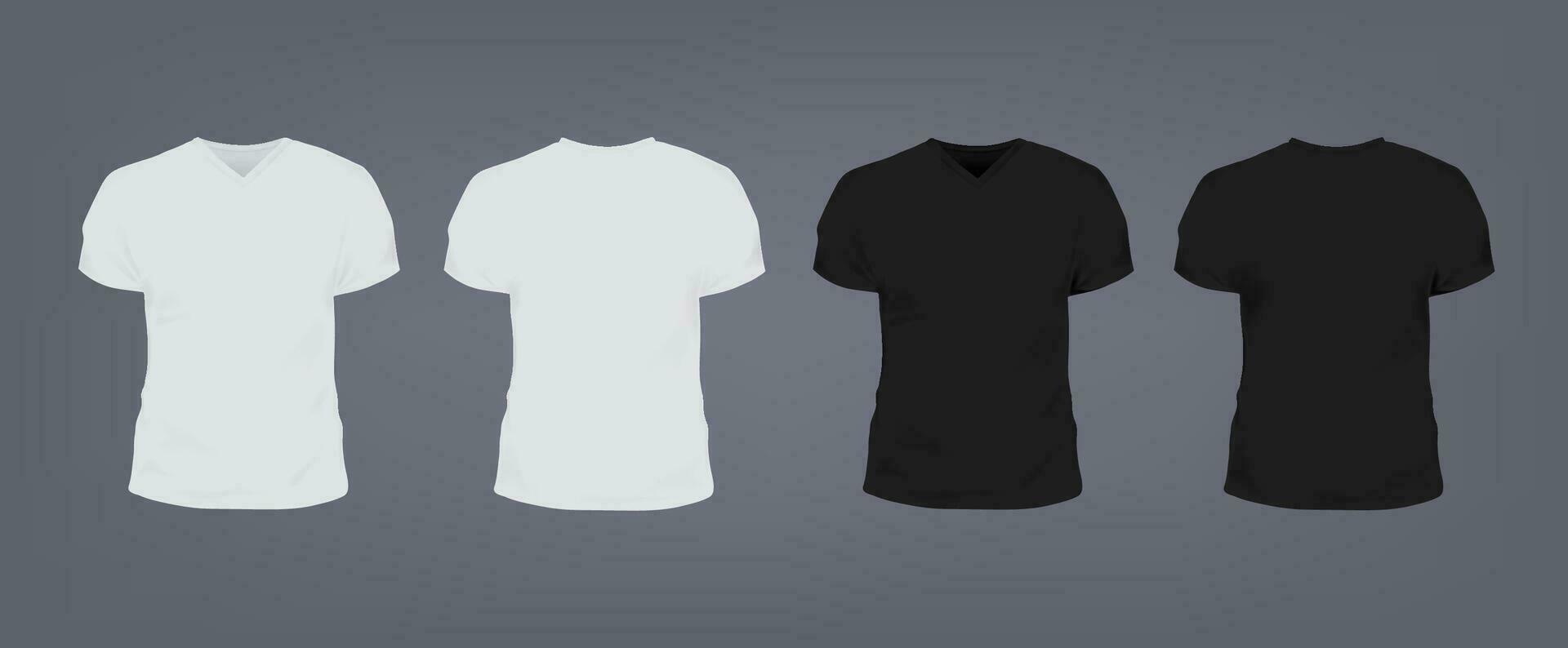 Set of realistic white and black unisex slim-fit t-shirt with v-neck. Front and back view. Vector illustration collection on gray background.