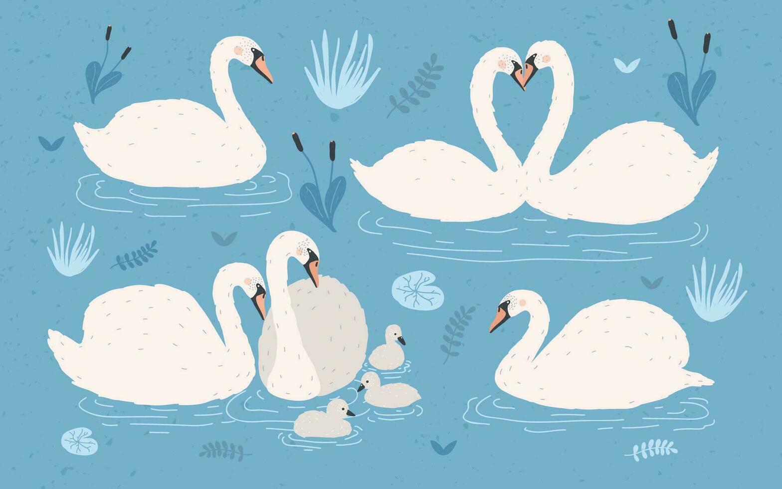 White swan collection on blue background. Singles and swan's pairs with chicks. Hand drawn colorful vector illustration set.
