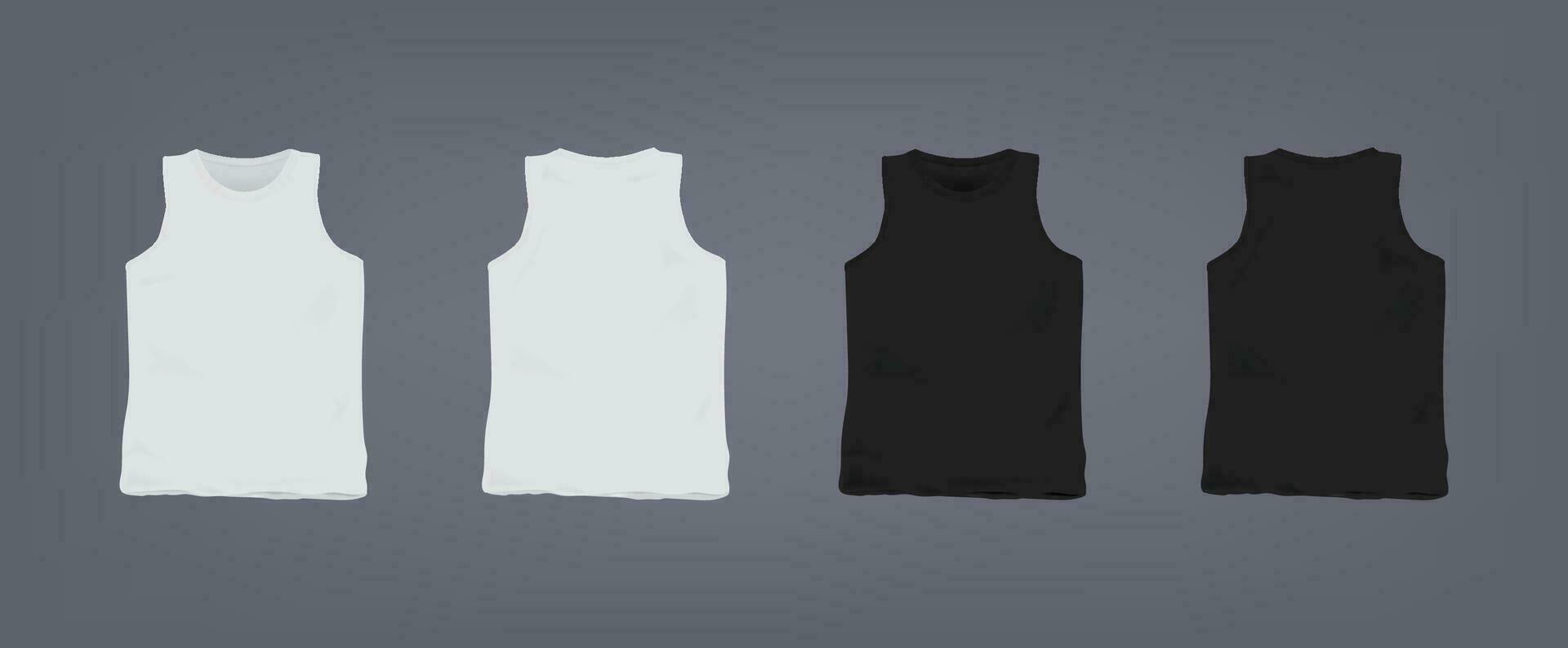 Set of realistic white and black unisex sleeveless t-shirt. Front and back view. Vector illustration collection on gray background.