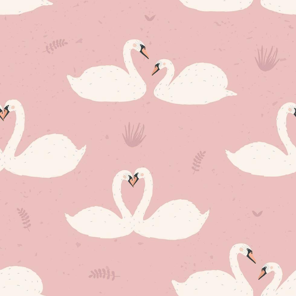 Seamless pattern with white swans. Swan's couples on pink background. Colorful vector illustration.